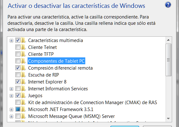 Activar o desactivar características de Windows