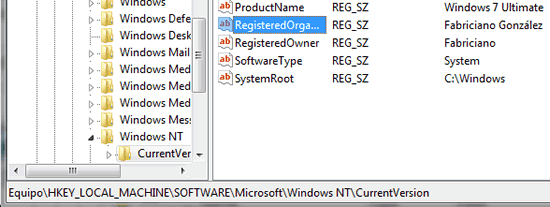 Cambiar el nombre del propietario de la copia de Windows