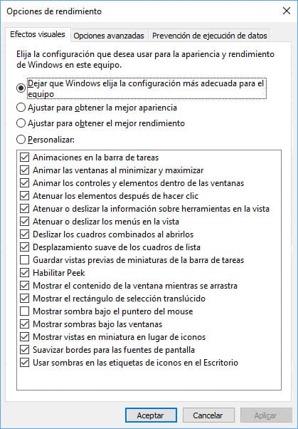 Opciones de rendimiento