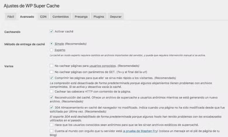 Ajustes de WP Super Cache Avanzado