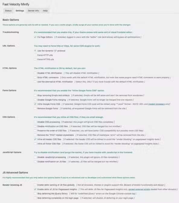 Fast Velocity Minify Settings