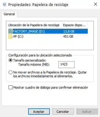 Propiedades de la Papelera de reciclaje