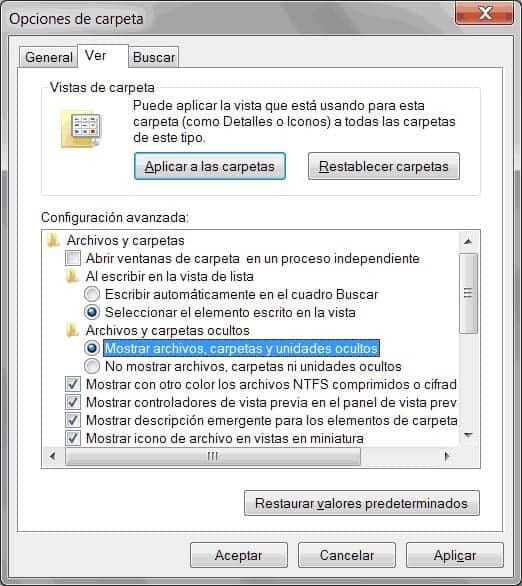 Opciones de carpeta